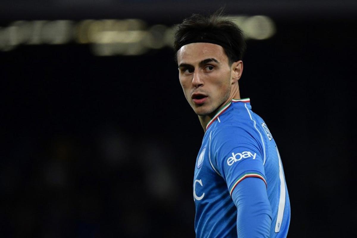 Napoli's North Macedonia midfielder #07 Eljif Elmas reacts during the Italian Serie A football match between Napoli and Inter Milan on December 03, 2023 at the Diego Armando Maradona stadium in Naples. Filippo MONTEFORTE / AFP