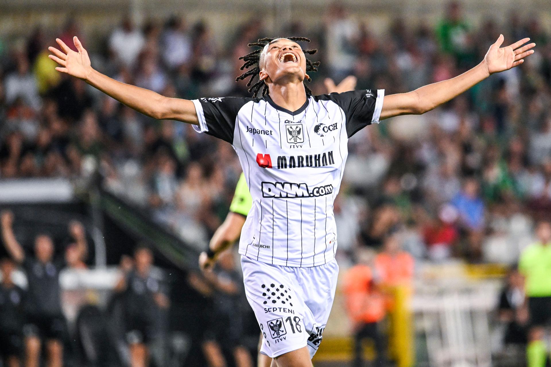 STVV's Nelson Ishiwatari celebrates after scoring during a soccer match between Cercle Brugge and STVV, Friday 14 August 2026 in Brugge, on day 2 of the 2026-2027 'Jupiler Pro League' first division of the Belgian championship. BELGA PHOTO TOM GOYVAERTS