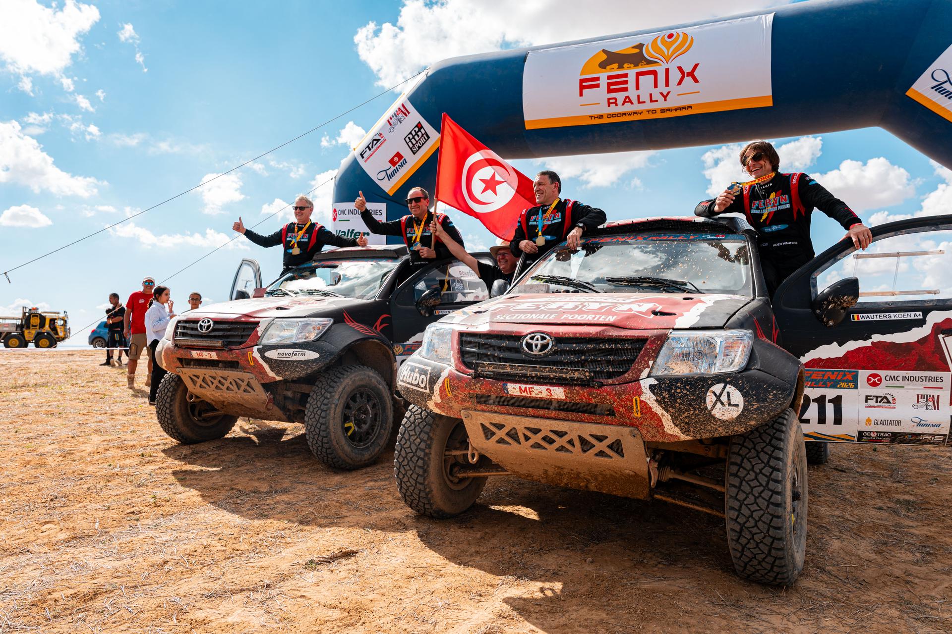 ATTENTION EDITORS - HANDOUT PICTURES - EDITORIAL USE ONLY MANDATORY CREDIT: 'ROBI MERTENS - FERYN DAKAR SPORT' This handout picture, released by Eric dupain on Saturday 31 October 2026 shows Pascal Feryn, Kurt Keysers, Koen Wauters and Tom De Leeuw celebrating at the finish of the Fenix Rally in Monastir, Tunisia. - Belga and Belga editorial board decline all responsability regarding the content of this picture. PHOTO HANDOUT Hyundai Motorsport
