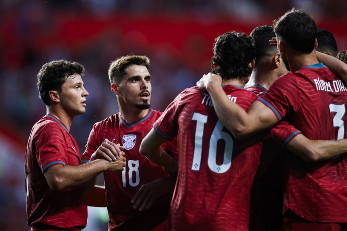 Portugal's midfielder #18 Pedro Neto celebrates scoring the opening goal during the international friendly football match between Portugal and Nigeria at Magalhaes Pessoa Stadium in Leiria, on June 10, 2026. FILIPE AMORIM / AFP