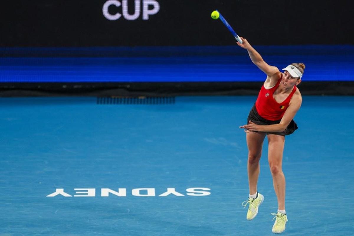 Belgium's Elise Mertens serves to Czech Republic's Barbora Krejcikova during their women's singles quarter-final match at the United Cup tennis tournament at Ken Rosewall Arena in Sydney on January 8, 2026. Izhar KHAN / AFP
