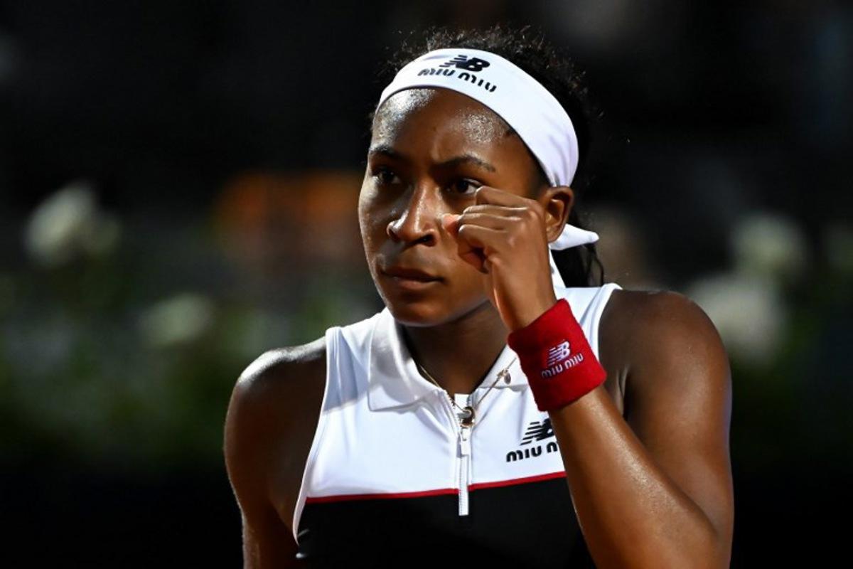 US' Coco Gauff reacts after winning against Canada's Victoria Mboko during their women's single match at the WTA Rome Open tennis tournament at Foro Italico in Rome on May 9, 2025. PIERO CRUCIATTI / AFP