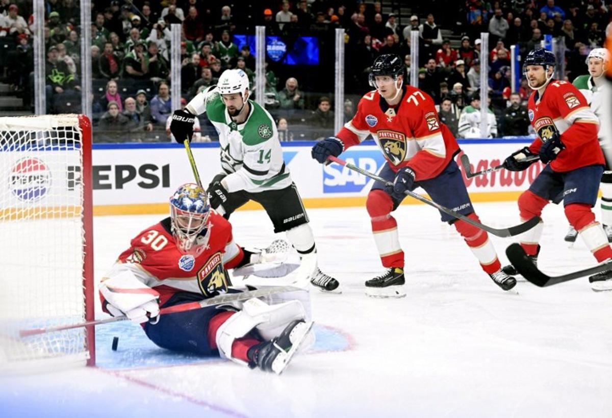 Spencer Knight, goalkeeper of Florida makes a save during the NHL Global Series Ice Hockey match Dallas Stars vs Florida Panthers in Tampere, Finland on November 2, 2024. NHL teams Dallas Stars and Florida Panthers face each other in NHL Global Series matches in Tampere on November 1 and November 2, 2024. Heikki Saukkomaa / Lehtikuva / AFP