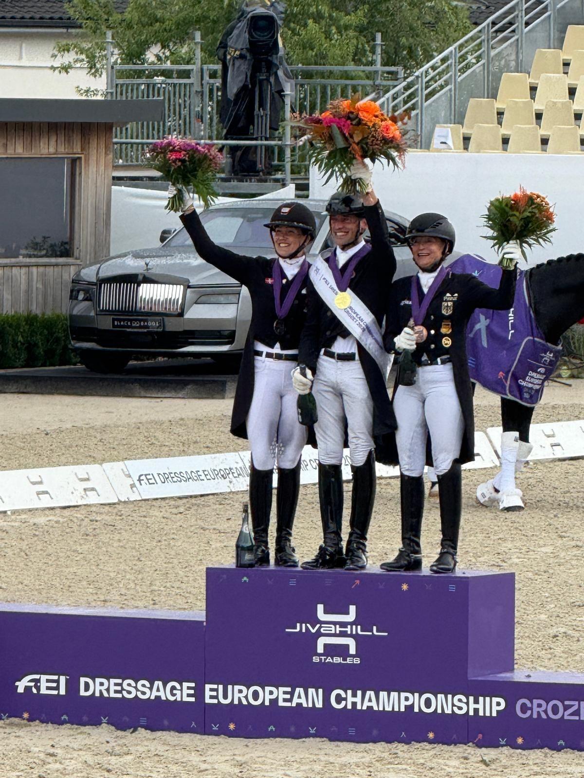 ATTENTION EDITORS - HAND OUT PICTURES - EDITORIAL USE ONLY - MANDATORY CREDIT 'WENDY LAEREMANS' This handout picture, distributed by Wendy Laeremans, shows Justin Verboomen, who won a Gold medal with Zonik Plus in the Grand Prix Special at the European Championship in Crozet, on Friday 29 August 2025. Verboomen and Zonik won with a score of 82.371% ahead of Denmark's Cathrine Laudrup-Dufour and Isabell Werth. BELGA PHOTO WENDY LAEREMANS *** Belga and Belga Editorial Board decline all responsibility regarding the content of this picture. ***