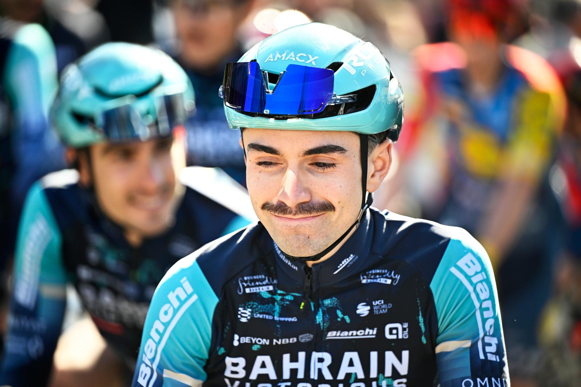 French Lenny Martinez of Bahrain Victorious pictured at the start of the men's race of the 90th edition of the 'La Fleche Wallonne', one day cycling race (Waalse Pijl - Walloon Arrow), 200 km from Herstal to Huy, Wednesday 22 April 2026. BELGA PHOTO JASPER JACOBS