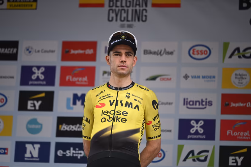 Belgian Wout van Aert celebrates on the podium after finishing second at the elite race at the Belgian Gravel Championships, Sunday 16 August 2026 in Grobbendonk. BELGA PHOTO ELIAS ROM
