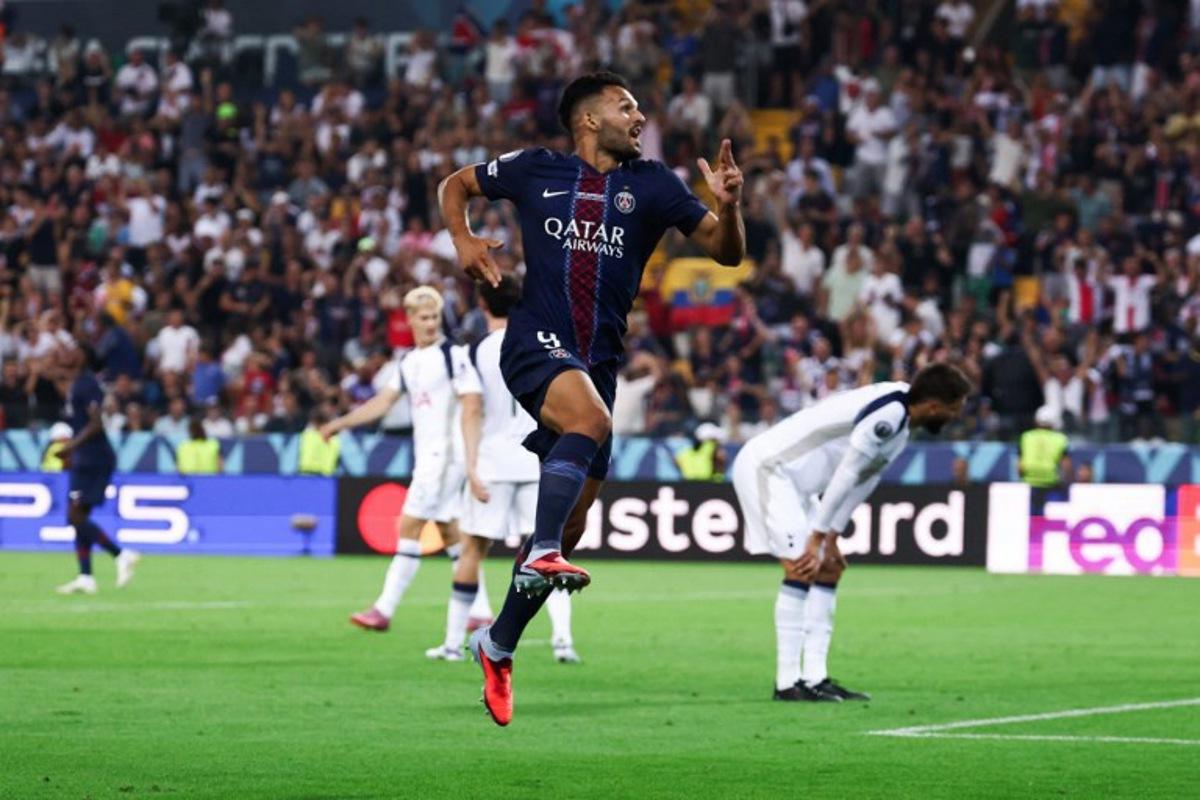 Paris Saint-Germain's Portuguese forward #09 Goncalo Ramos celebrates after scoring PSG's second goal during the 2025 UEFA Super Cup final football match between Paris Saint-Germain (FRA) and Tottenham Hotspur FC (ENG) at the Friuli stadium, in Udine, on August 13, 2025. FRANCK FIFE / AFP
