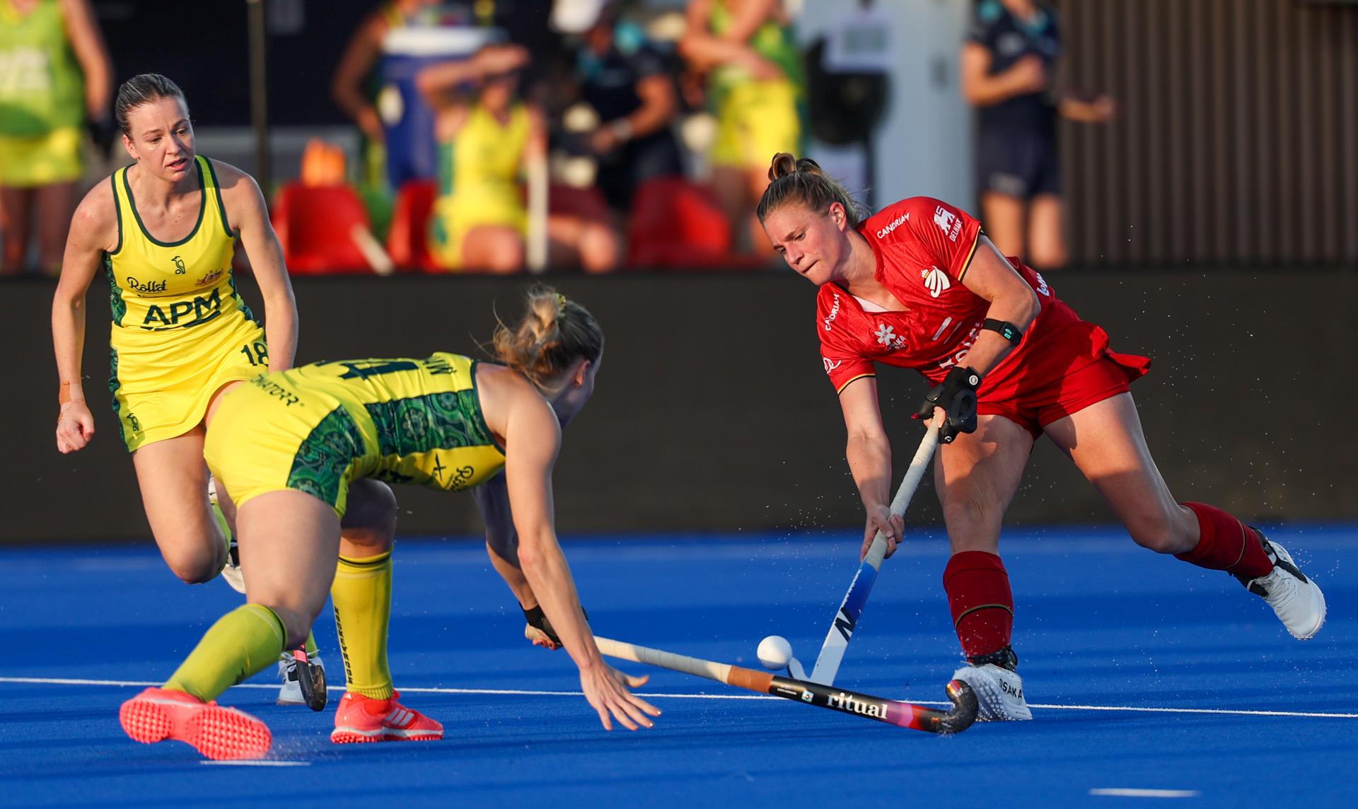 Belgium's Alix Gerniers fights for the ball during a hockey game between Belgian national team Red Panthers and Australia, Tuesday 23 June 2026 in Wavre, match 13/16 in the group stage of the women's FIH Pro League competition. BELGA PHOTO VIRGINIE LEFOUR