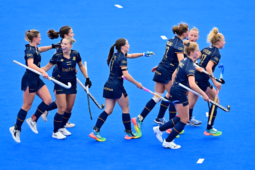 The Red Panthers celebrate after scoring during a hockey game between Belgium's Red Panthers and New Zealand, the first (out of three) matches during the group stage of the women 2026 Hockey World Cup, Sunday 16 August 2026 in Wavre. The 2026 edition of the Hockey World Cup takes place in Belgium and The Netherlands from August 15 to August 30. BELGA PHOTO DIRK WAEM