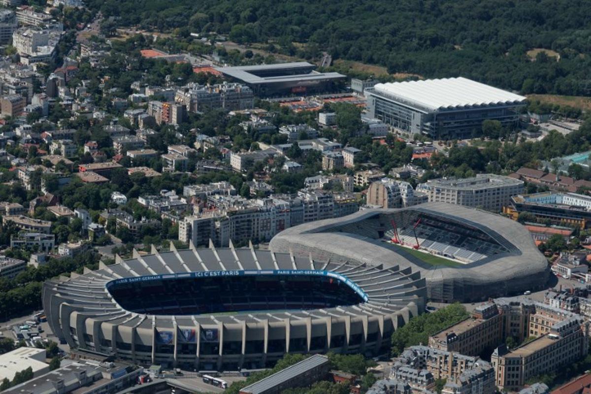 This aerial picture taken on June 17, 2026 shows a view of the Parc des Princes (L) and Jean Bouin (R) stadiums in Paris. Thomas SAMSON / AFP