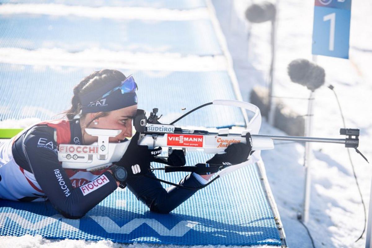 Italy's Rebecca Passler shoots during the women's 7.5-km sprint of the IBU Biathlon World Cup at Soldier Hollow Nordic Center in Midway, Utah, on March 8, 2024. Isaac HALE / AFP