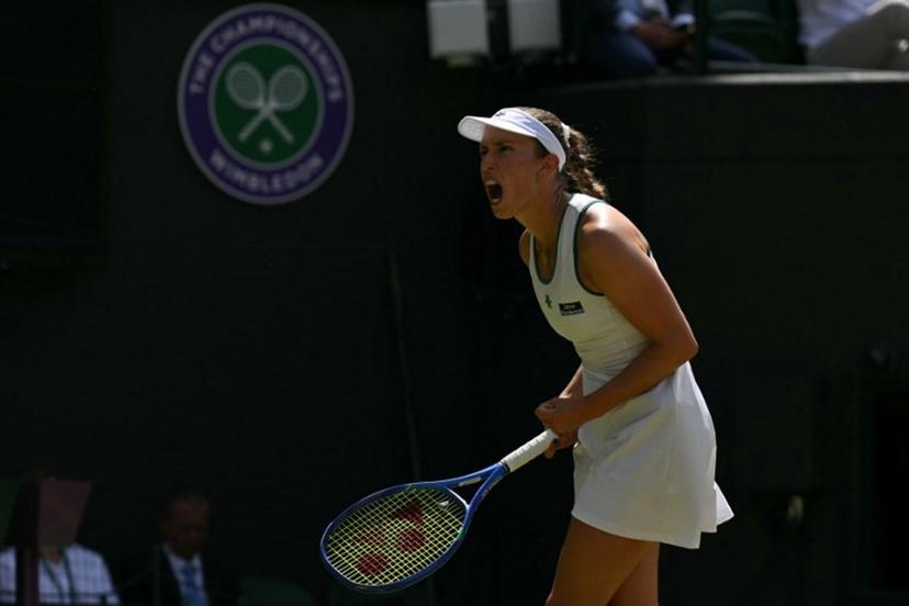 Belgium's Elise Mertens celebrates against Kazakhstan's Elena Rybakina during their women's singles third round tennis match on the sixth day of the 2026 Wimbledon Championships at The All England Lawn Tennis and Croquet Club in Wimbledon, southwest London, on July 4, 2026. Glyn KIRK / AFP