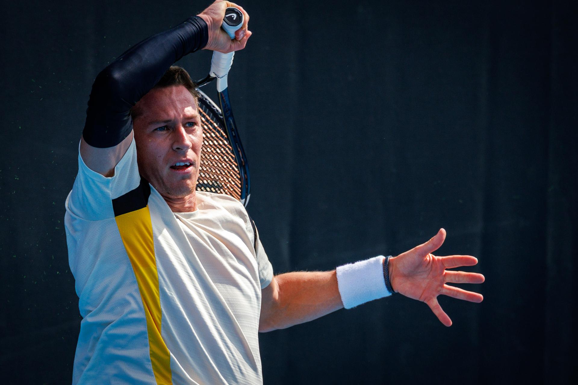 Belgium's Kimmer Coppejans pictured in action during a third round qualifying match in the men's singles against USA's Svajda at the Australian Open, Melbourne Park, Melbourne on Thursday 15 January 2026. BELGA PHOTO PATRICK HAMILTON --- BENELUX ONLY ---