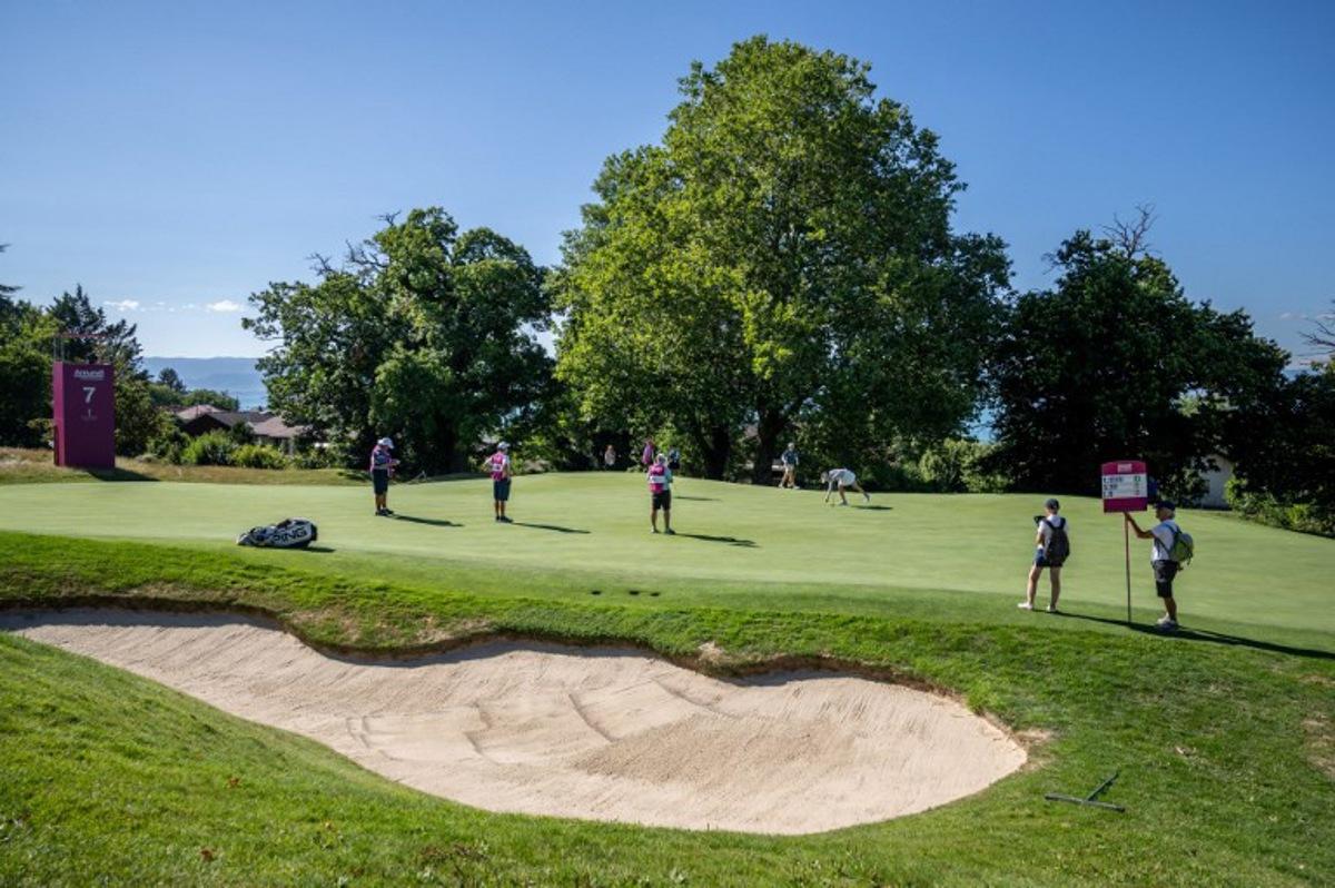 This photograph shows a general view of the hole 7 during the Evian Championship, a women LPGA major golf tournament in Evian-les-Bains, French Alps, on July 27, 2023. Fabrice COFFRINI / AFP