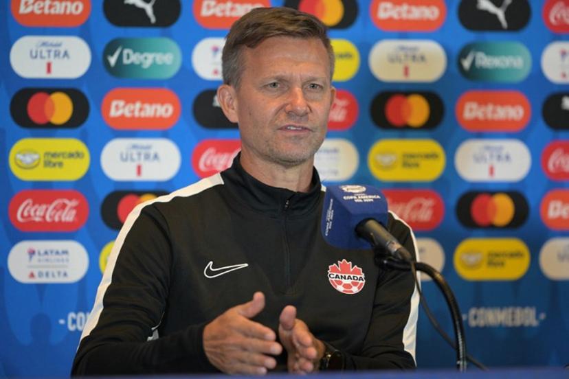Canada's US coach Jesse Marsch speaks during a press conference one day before the Conmebol 2024 Copa America tournament semifinal match between Canada and Argentina at MetLife Stadium in East Rutherford, New Jersey, on July 8, 2024. JUAN MABROMATA / AFP