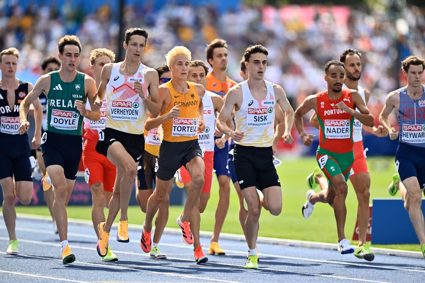 Belgian Ruben Verheyden and Belgian Pieter Sisk pictured in action during the 1500m race on the fifth day of the European Athletics Championships (August 10-18) in Birmingham, United Kingdom, on Friday 14 August 2026. BELGA PHOTO ERIC LALMAND