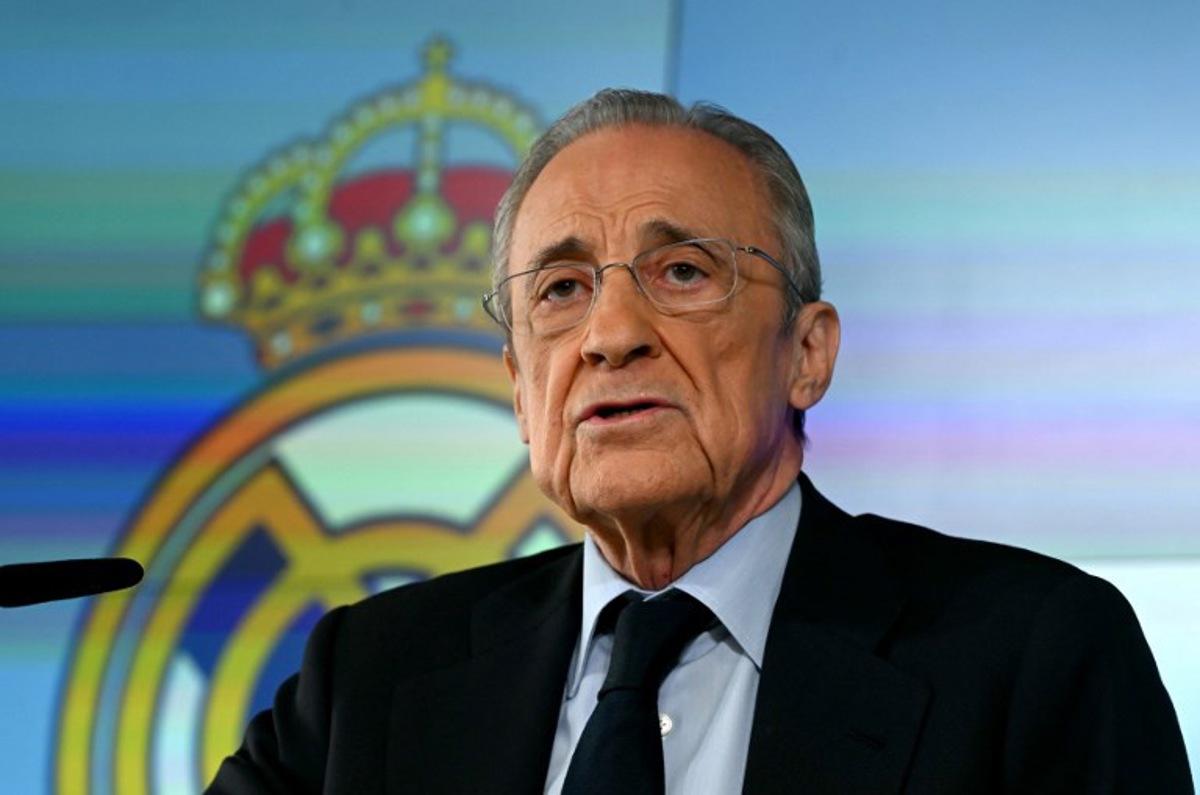 Real Madrid President Florentino Perez talks to media at Real Madrid Sports City in Valdebebas, in the outskirts of Madrid, on May 12, 2026. JAVIER SORIANO / AFP