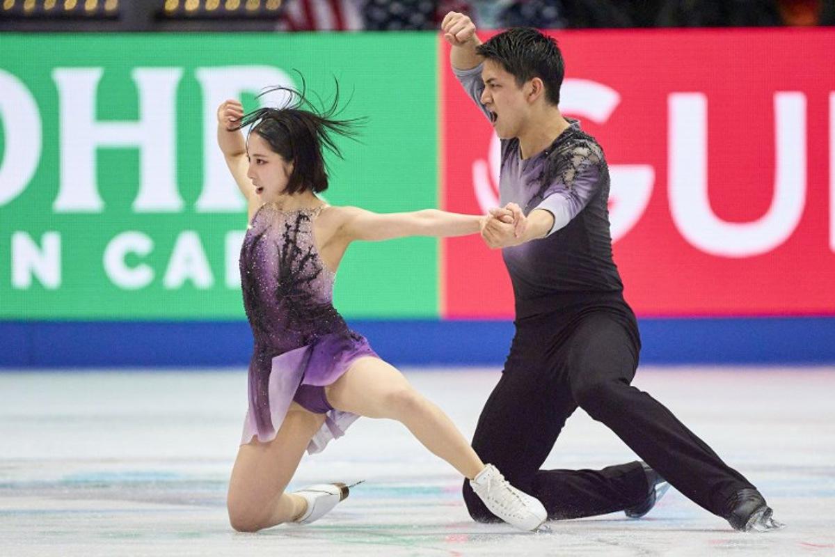 Japan's Riku Miura and Ryuichi Kihara skate during the Pairs Short program of the 2025 ISU World Figure Skating Championships at TD Garden in Boston, Massachusetts, on March 26, 2025. Geoff Robins / AFP