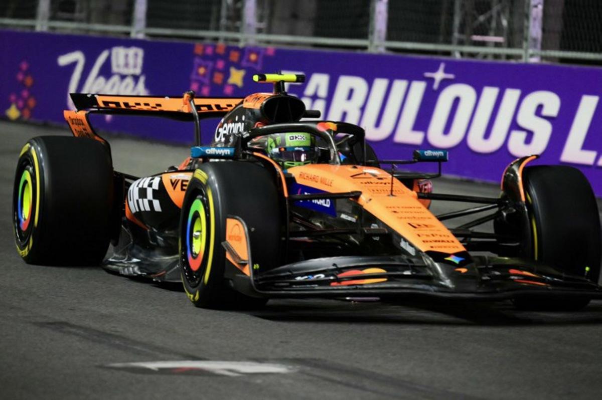 McLaren's British driver Lando Norris races during the second practice session for the Las Vegas Formula One Grand Prix at the Las Vegas Strip Circuit in Las Vegas, Nevada, on November 20, 2025. Frederic J. Brown / AFP