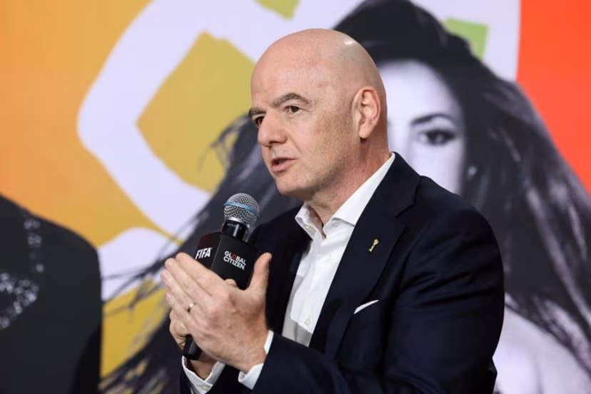 FIFA President Gianni Infantino speaks on stage for the 2026 World Cup halftime show announcement during the Global Citizen and FIFA World Cup panel at the Global Citizen NOW event in New York City on May 14, 2026. CHARLY TRIBALLEAU / AFP