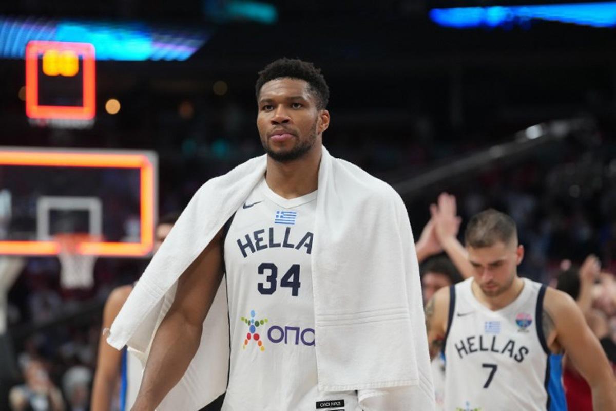 Greece's small forward #34 Giannis Antetokounmpo looks on after loosing the FIBA EuroBasket 2025 semi-final basketball match between Greece and Turkey in Riga, Latvia, on September 12, 2025. Gints Ivuskans / AFP