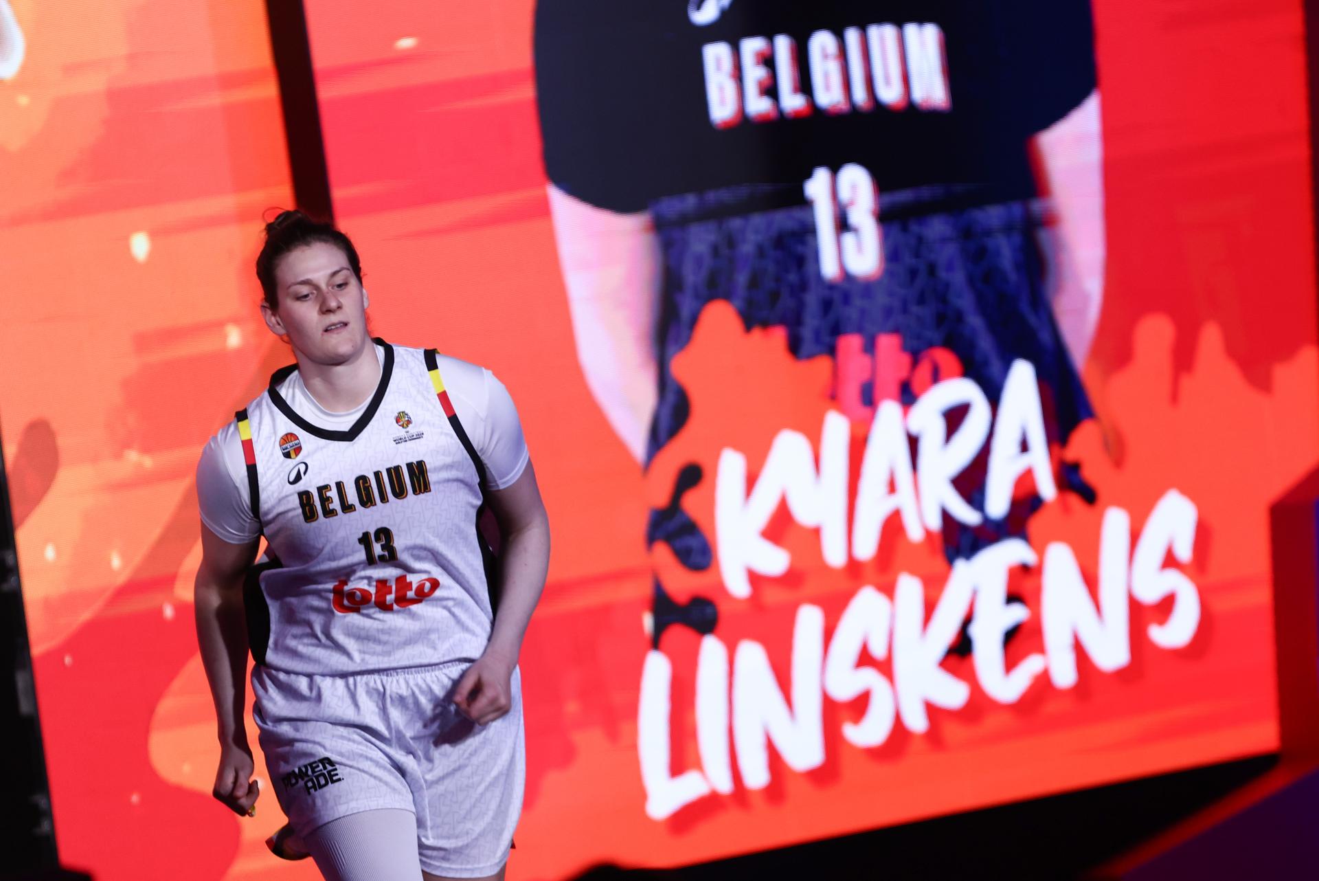 Belgium's Kyara Linskens pictured at the start of a basket game between Belgium's national team Belgian Cats and Czech Republic, in Wuhan, China, on Tuesday 17 March 2026, the fifth game (out of 5) of the qualifications phase for the World Cup Basket tournament. BELGA PHOTO NIKOLA KRSTIC