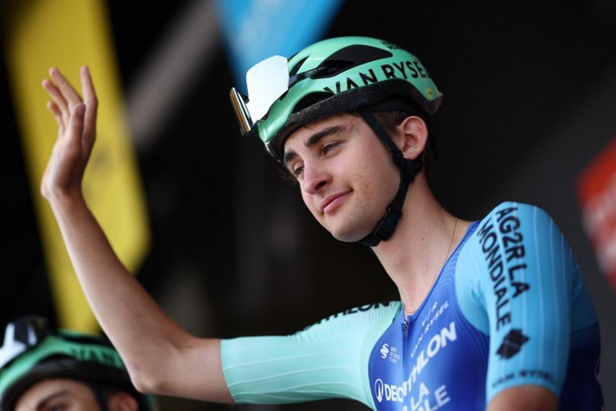 Decathlon AG2R La Mondiale Team's French rider Paul Seixas gestures prior to the 2nd stage of the 77th edition of the Criterium du Dauphine cycling race, 204,6 km between Prémilhat and Issoire, on June 9, 2025. Anne-Christine POUJOULAT / AFP