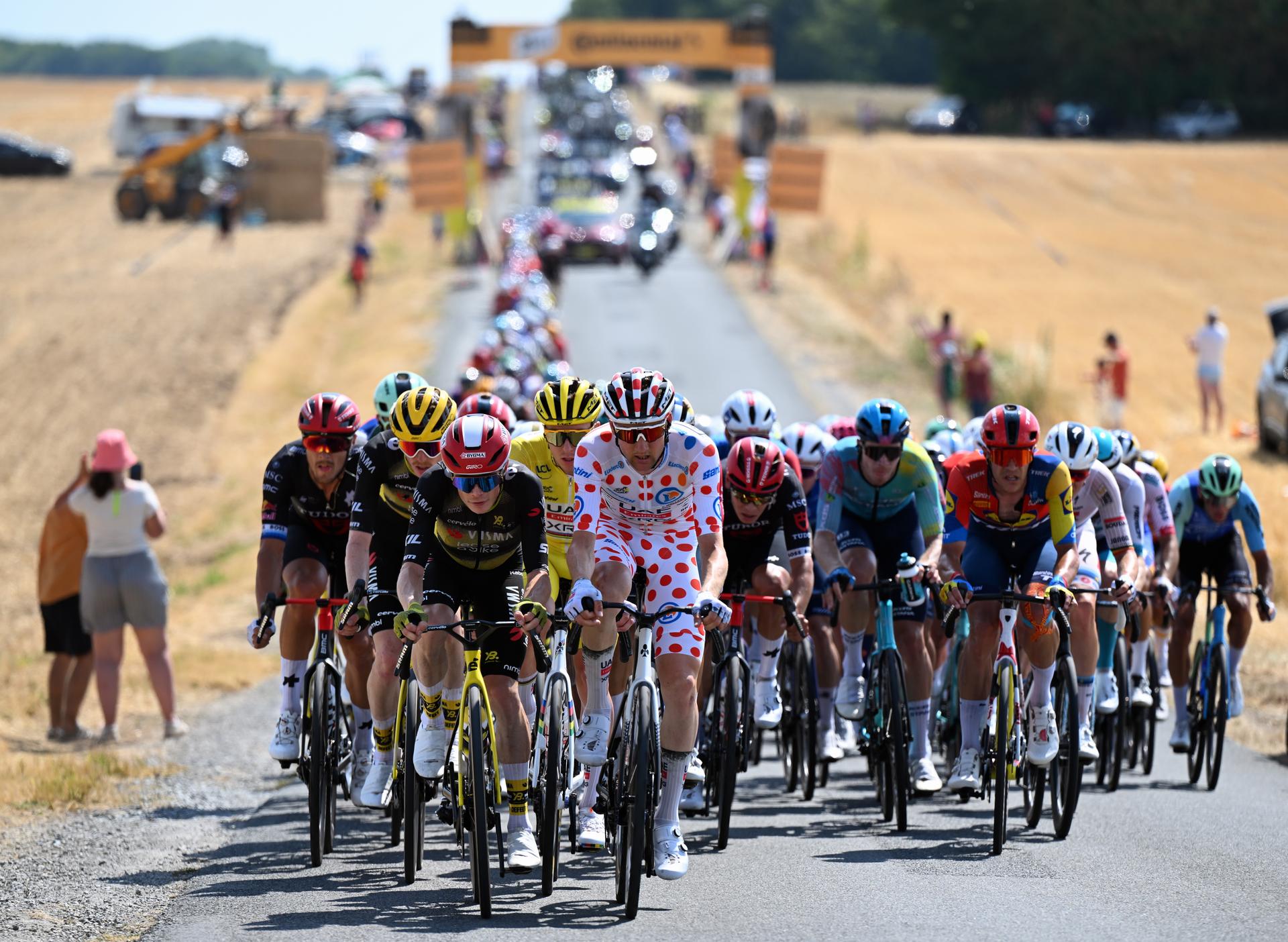 Danish Jonas Vingegaard Hansen of Team Visma-Lease a Bike, Slovenian Tadej Pogacar of UAE Team Emirates, Belgian Tim Wellens of UAE Team Emirates, Belgian Jasper Stuyven of Lidl-Trek and Belgian Tim Merlier of Soudal Quick-Step pictured in action during stage nine of the 2025 Tour de France cycling, from Chinon to Chateauroux (170 km), on Sunday 13 July 2025 in France. The 112th edition of the Tour de France starts on Saturday 5 July in Lille, France, and will finish in Paris, France on the 27th of July. BELGA PHOTO POOL POOL PETE GODING